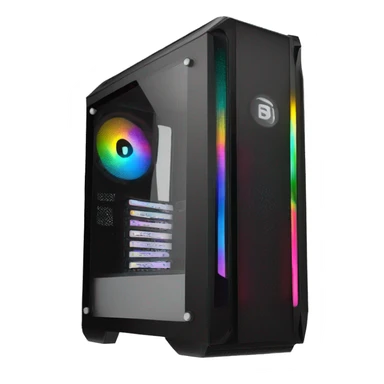 Black gaming PC RGB mid-tower case with glass side panel sticker