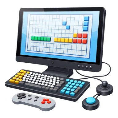 Emoji for Game Design: computer screen with Professional game development interface, 3D models, pixel art and design tools like grid, wireframe, gamepad, joystick, stylus. Symbolizes the technical and creative process of game development. Transparent background. sticker