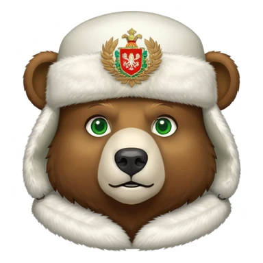 Bear head only, brown fur and green eyes, white ushanka hat with extremely accurate Russian Federation coat of arms with all correct elements and colors, iOS emoji style sticker