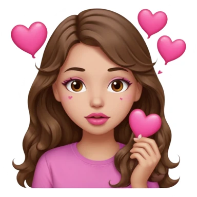 girl with long wavy brown hair, brown eyes, light to medium complexion, in a pink shirt, pink lips, long lashes, puckering lips kissing, blushing with hearts sticker