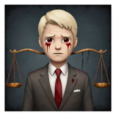 serious true crime-inspired emoji: scale of justice broken, one side lower, cracked base, blood stains, aged and rusty metal, cold white side lighting, dark smoky background, atmosphere of injustice and corruption sticker