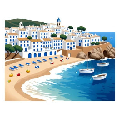 Calella de Palafrugell, coastal village in Catalonia, focus on white houses and blue sea, apple emoji style, no frame sticker