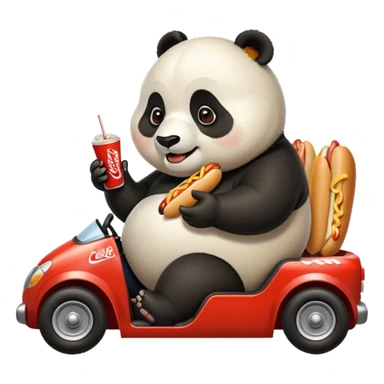 Fat panda on a go cart that’s too small eating a hot dog fries and a coke sticker