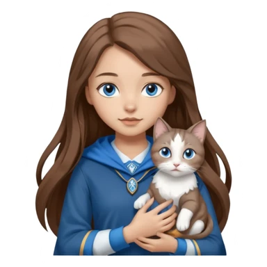gorgeous Girl with light skin, blue eyes, long brown hair, wears a ravenclaw outfit, with a grey and white cat holding in her arms sticker