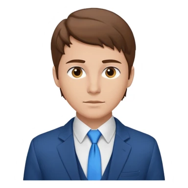 un homme type caucasien brun plutôt jeune avec des jolies traits avec une chemise blanche et une veste a manche longues et cravate bleu il a les yeux marron sticker