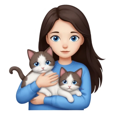 a girl with long dark 
brown hair, with blue eyes, in a
white sweater, hugs 3 different natural coloured cats sticker