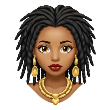 Brownskin Congolese woman with black shoulder length locs, fluffy eyelashes, big lips, a lot of gold jewellery  sticker