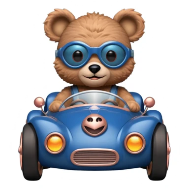 dark blue and rosegold-accented  retro racing car driven by furry-faced small evil alien scary teddy bear with rear spoiler sticker