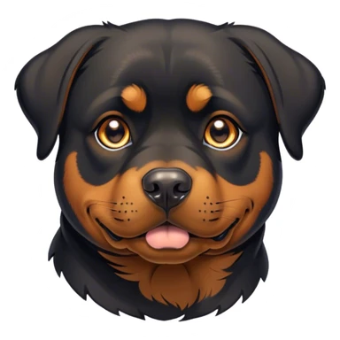 Cinematic Cute Rottweiler Portrait Emoji, Head tilted playfully and inquisitively, featuring a glossy black coat with distinct tan accents, round, sparkling brown eyes filled with curiosity, Simplified yet irresistibly adorable features, highly detailed, glowing with a warm, friendly glow, high shine, affectionate and lively, stylized with a touch of whimsy, bright and endearing, soft glowing outline, capturing the essence of a mischievous yet loving companion, so playful it feels like it could bound out of the screen and into your arms! sticker