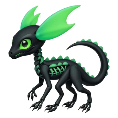 Obsidian-black and neon-glowing-green skeletal Meloetta-Salandit-Gorebyss-Salazzle-Pokémon-Fakémon-creature-fusion-hybrid sticker