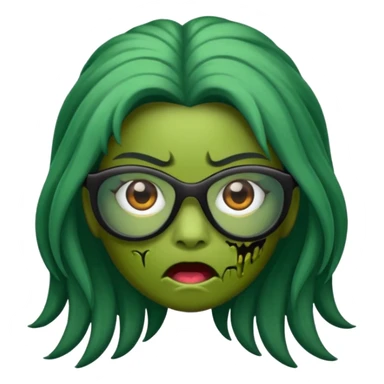 crie um emoji de zumbi feminino, com pele verde, óculos preto e cabelo longo preto sticker