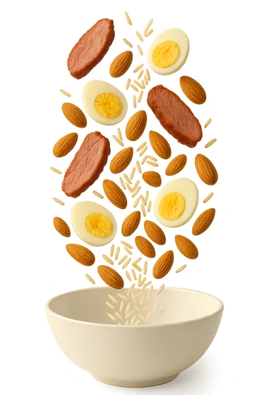 bowl bianca in cui cadono verticalmente fettine di carne, uova sode, mandorle e riso basmati sticker