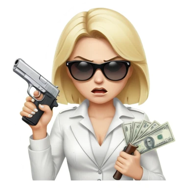 Mafia blondes angry woman in sunglasses, gun ,money , white costume  sticker
