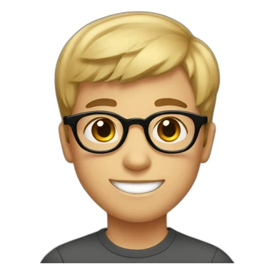 A smiling boy with short hair and light skin wearing small black-rimmed round glasses sticker