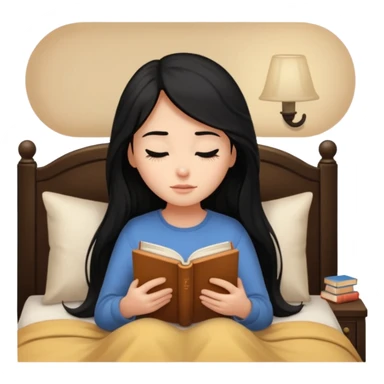 Girl black long hair reading book sleepy bed sticker