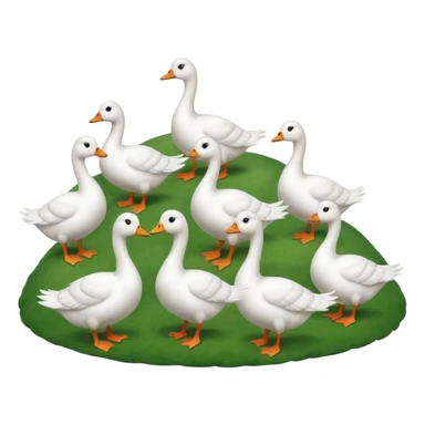 9 white geese standing on a green hill, front view, foggy, all looking in different directions, one is on the top  sticker