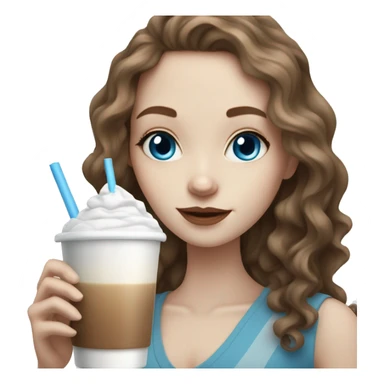 Pale skin girl with brown wavy hair and blue eyes drinking ice latte  sticker
