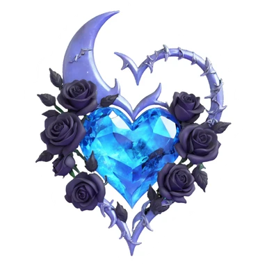 gothic heart made of crystal clear glass, silver crescent moon, black roses, holographic stardust, neon blue lightning, drenched and splintered glass sticker