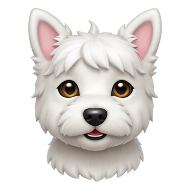 Cinematic Cute West Highland White Terrier Portrait Emoji, Head tilted playfully and inquisitively, featuring a fluffy, immaculate white coat with perky ears, round, sparkling dark eyes filled with curiosity, Simplified yet irresistibly adorable features, highly detailed, glowing with a warm, friendly glow, high shine, affectionate and lively, stylized with a touch of whimsy, bright and endearing, soft glowing outline, capturing the essence of a mischievous yet loving pup, so playful it feels like it could bound out of the screen and into your arms! sticker