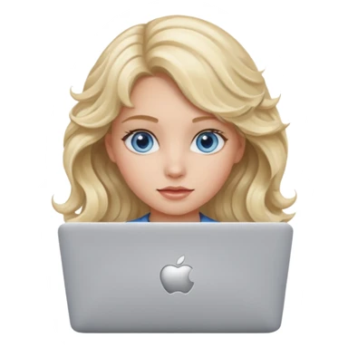blond girl, blue eyes, hair wavy, , behind her silver colored laptop from apple sticker