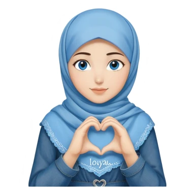 Turkish beautiful finish Konya girl blue eyes with denim hijab islamic dress and making heart with hands and with thank you text sticker