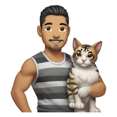 Asian Pilipino man with a few freckles and big muscular calves, a beard and man-bun hair style holding a kitty cat that is grey and black with tiger stripes  sticker