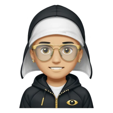 un emoji de un chico emcapuchado blanco, dientes de oro, com uma chaqueta negra nike tech y unas gafas de oakley, con pendientes de diamante, que las gafas sean estilo cuadradas, los pendientes q no se cuelguen, que sean redondos, en las dos cejas un corte, que las gafas no sean circulares sticker