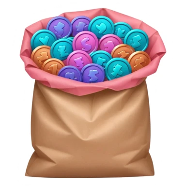 coins in gradient of turquoise, blue, pink, purple, and coral color inside a brown bag sticker