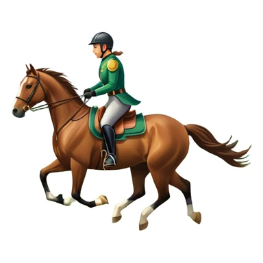 An icon featuring a horse and rider galloping gracefully over a lush green field. The rider is in full gear, guiding the horse with precision. The background shows rolling hills, a clear blue sky, and vibrant sunlight illuminating the scene. Transparent background highlights the elegance sticker