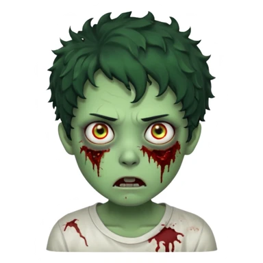 zombie character with green skin, messy short curly black hair, and no glasses. Give him large expressive eyes, a slightly frightened or eerie expression, subtle wounds, dark under-eye shadows, and a few cracks or dried blood marks on the face.  white shirt and without bleeding eyes **BLACK HAIR** sticker