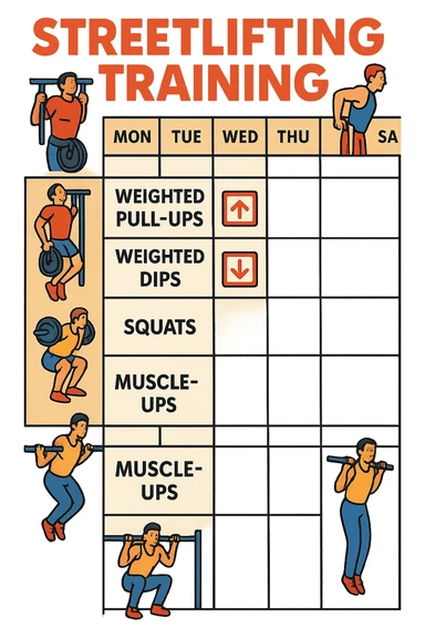 a streetlifting training sheet with icons for each exercise—weighted pull-ups, weighted dips, squats, muscle-ups—organized in a weekly schedule. Around the sheet, small illustrations show athletes performing each movement with proper form. The color palette is bold and energetic, and the background is clean and minimal. sticker