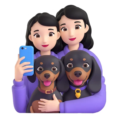 black hair asian girl taking selfie with black dachshund sticker