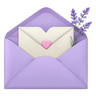 a closed pastel light whitish purple envelope wit a lined heart doodle on it, with h some white papers, and lavender flowers laying on top  sticker