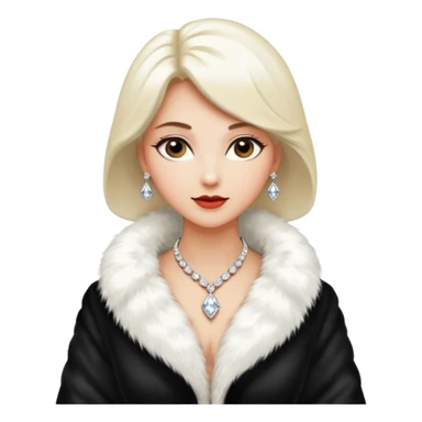 * Character: A stylish lady
* ﻿﻿Clothing: A luxurious white fur coat
* ﻿﻿Accessories: A dazzling diamond necklace
* ﻿﻿Expression: Confident, elegant, maybe slightly glamorous
* ﻿﻿Pose: Head slightly tilted or a poised posture
* ﻿﻿Style: Emoji-like, simple but expressive sticker