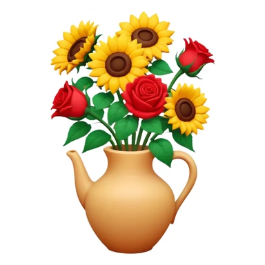 sunflowers and red roses bouquet in a ceramic vase, soft claymation realistic sticker