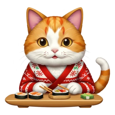 cat wearing a christmas sweater eating sushi sticker