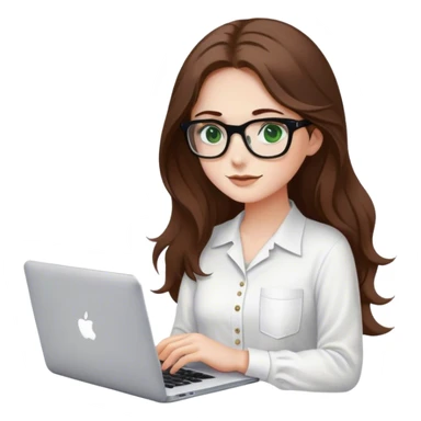 chica de ojos verdes con pelo marrón largo y algo ondulado, usando una camisa blanca y unos anteojos para leer con marco negro, mientras sostiene una macbook y tiene un café sticker