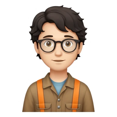 Young caucasian man with black wavy hair, round glasses, wearing brown carpenter outfit with shirt underneath sticker
