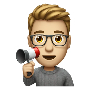 software developer with white skin and a shirt under a sweater making an announcement with a megaphone sticker