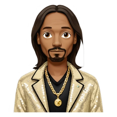 Snoop Dogg with long dark brown hair, ivory sequin jacket, black shirt with necklace sticker