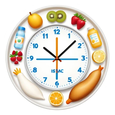 Daily fitness nutrition schedule with water bottle, sun, chicken and rice plate, gym equipment, yogurt, fruit, and sleep symbol arranged in a circle like a clock sticker