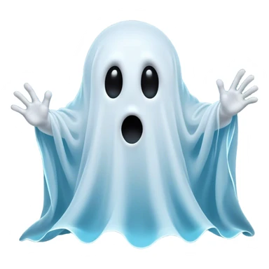 A hilariously exaggerated floating sheet ghost, its simple yet expressive form billowing with animated energy in vibrant whites and pale blues, with two wide, comically shocked eyes and a quirky, startled mouth, simplified yet overflowing with personality, highly detailed with a soft neon-like glowing outline, capturing the playful absurdity of a ghost caught off guard! sticker