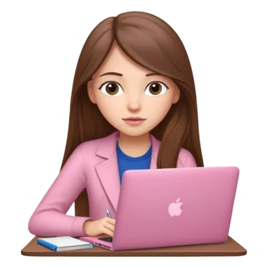 Chica lacia peli larga y peli larga  en una MacBook rosa investigando y haciendo tareas con un libro de apuntes y con cara muy linda como modelo sticker