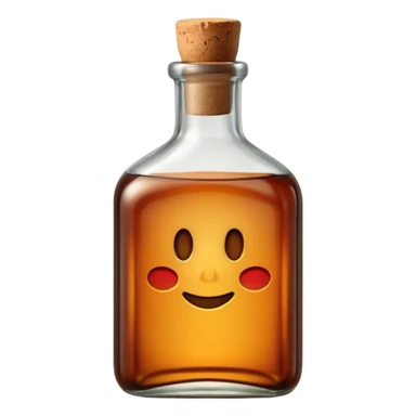 sturdy glass bottle with squared shoulders and a short neck, filled with rich amber-brown liquid, slightly tinted glass showing depth of color inside, capped with a cork or dark metal top, no label, sealed bottle, apple emoji style, soft lighting, subtle shadows, transparent background, emoji scale sticker