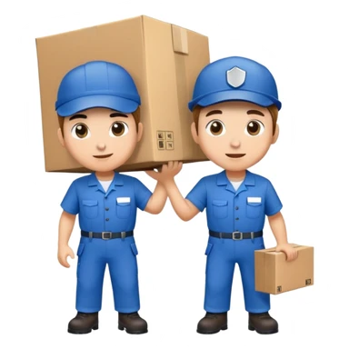 two workers in blue work uniforms and caps carrying a large box, alternate expression sticker