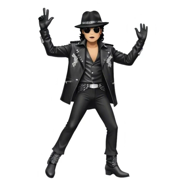Michael Jackson on stage with microphone buttonhole in full body, wearing his iconic concert costume—black leather jacket, sequined glove, fedora, and boots. He strikes a powerful pose, embodying the energy of R&B music. Transparent background. sticker