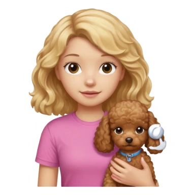 hazme un emoji que sea una niña rubi con el pelo ondulado i una camiseta rosa que ponga brownie, i acariciando a un perro (caniche toy) si pero con el pelo mas largo i no tan rubia el pelo marron i no rubia sticker