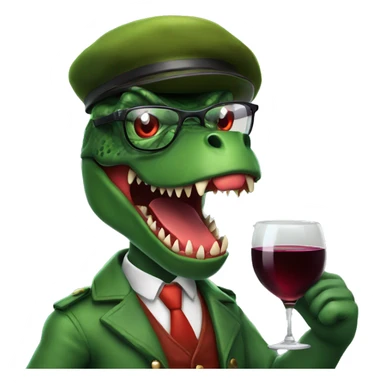 Angry Green Trex wearing red beret and eyeglasses holding red wineglass  sticker