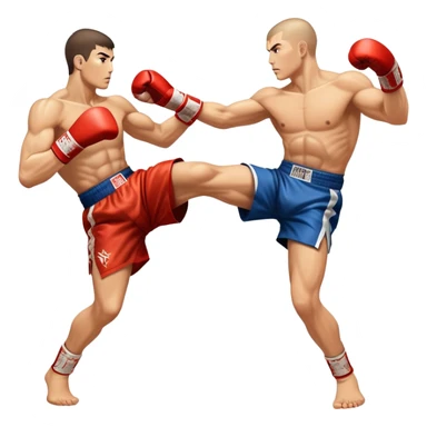 An icon showcasing a kickboxer in action, using precise techniques with both feet and elbows. One fighter delivers a powerful kick to the opponent's legs, while the other counters with an elbow strike. The background features a ring and a dynamic atmosphere. Transparent background  sticker