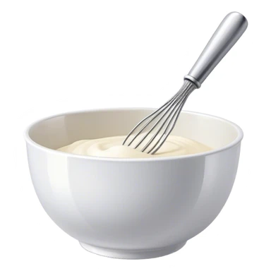 Cinematic Realistic Whisk & Mixing Bowl, a well-used metal whisk resting in a smooth ceramic mixing bowl, light reflecting off the whisk’s polished surface, subtle smears of batter along the rim, glowing with a sense of warmth and creativity. sticker